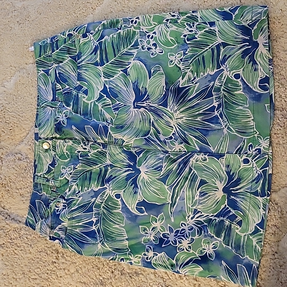 Jones New York Sport blue green floral stretch pencil skirt jean style 12 EUC7…